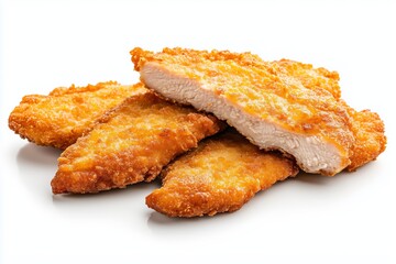 Sliced chicken schnitzel isolated on white background
