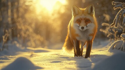 Obraz premium Red fox walking through a snowy forest at sunset in winter