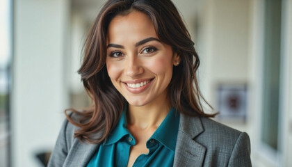 Obraz premium Modern portrait headshot of a friendly ceo executive business worker: A smiling businesswoman with long, wavy brown hair and a teal shirt confidently looks at the camera while wearing a gray suit ja