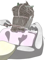 Hairdresser cuts hair with customer and holds trimmer and comb in hands,fashionable hairstyle.Creative illustration in flat style.