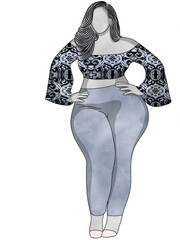 Portrait with Woman plus size.Hand drawn.Creative with illustration in flat design,watercolor.