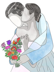 Hand drawn, bride and groom.Wedding Ceremony Marry,creative with illustration in flat design.Couple of love.