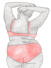 Portrait with Woman plus size wearing sport bra.Hand drawn.Creative with illustration in flat design,watercolor.