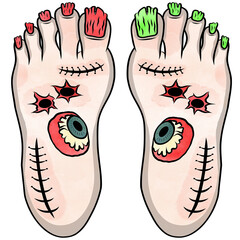 Foot of vampire bandaged,hands of zombie, mummy was bloody eyeballs and a clawed hand with spooky.Hand drawn,Creative with illustration in flat design,decorative with halloween.