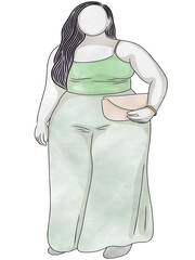 Portrait with Woman plus size.Hand drawn.Creative with illustration in flat design,watercolor.