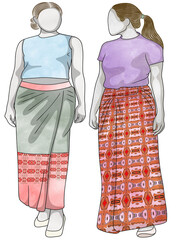 Woman with Thai traditional costume.Cute girl with Thai dress,creative with illustration in flat design.