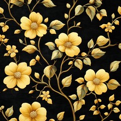 there is a black background with yellow flowers and leaves
