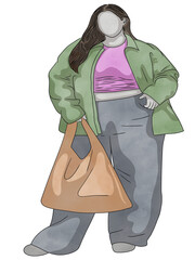 Portrait with Woman plus size.Hand drawn.Creative with illustration in flat design,watercolor.