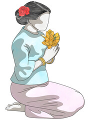 Buddhist lent day concept.Buddhist person holding lotus and press the hands together at the chest or forehead in sign of respect or prayer.Buddhist offering,creative with illustration in flat design.