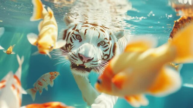 A Beautiful White Tiger Swimming Underwater with Colorful Koi Fish.