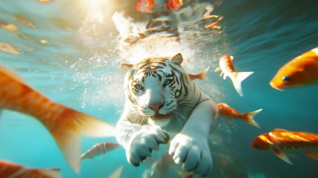A Beautiful White Tiger Swimming Underwater with Colorful Koi Fish.