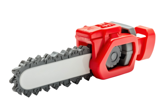 A vibrant toy chainsaw sits on a clean surface, inviting imaginative play and adventures