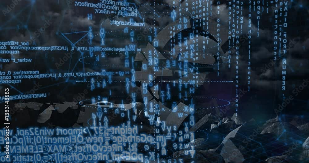Poster animation of digital code merging with abstract shapes and cloudy background