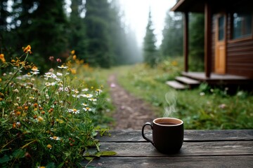 A lonely wooden hut on the edge of the forest with a steaming cup of coffee on the veranda