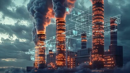 Futuristic power plant featuring glowing chimneys emitting smoke and pollution, overlaid with a digital network illustrating cyber security measures for environmental monitoring - Powered by Adobe
