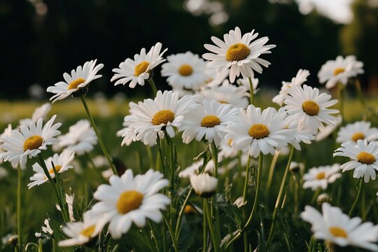 Sunlit daisies bloom in a lush green field