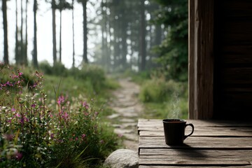 Fototapeta premium A lonely wooden hut on the edge of the forest with a steaming cup of coffee on the veranda