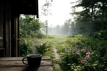 A lonely wooden hut on the edge of the forest with a steaming cup of coffee on the veranda