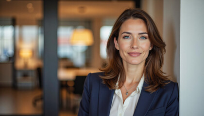 Modern portrait headshot of a friendly ceo executive business worker: A confident businesswoman leans against a wall, gazing directly at the viewer with a subtle smile, conveying professionalism and