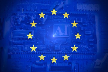 European flag motherboard with ai written on it. Concept AI (Artificial Intelligence) technology, chip IC on PCB, PCB circuit board, microprocessor.