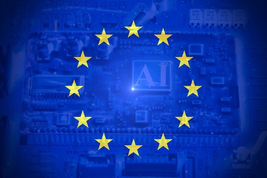 European flag motherboard with ai written on it. Concept AI (Artificial Intelligence) technology, chip IC on PCB, PCB circuit board, microprocessor.