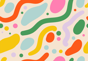Simple childish hand drawn seamless pattern. Random colorful scribble backdrop with swirls, bundles and dots. Fun colorful abstract background in doodle style