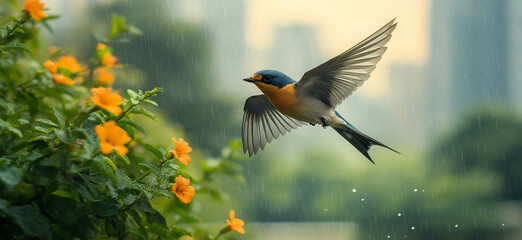 A bird soaring over a blooming flower in the rain
