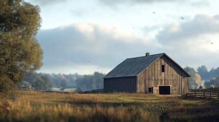 A rustic countryside barn with rolling fields.