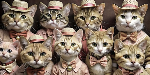 Fototapeta premium Stylish cats dressed in vintage-inspired outfits with hats and bow ties. Whimsical art, pet fashion trends, humorous animal portraits,creative design projects