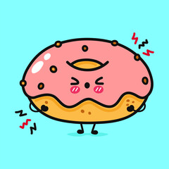 A charming cartoon donut expresses worry, showcasing its cute design and pink frosting on a blue backdrop.