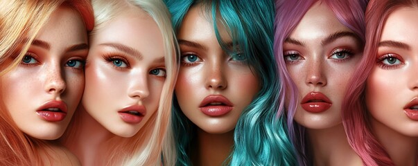 Obraz premium Five beautiful diverse women posing with trendy colorful hairstyles