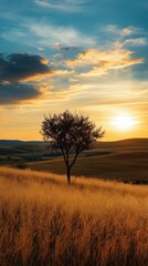 Obraz premium Solitary Tree at Sunset in Rolling Hills Landscape Photography
