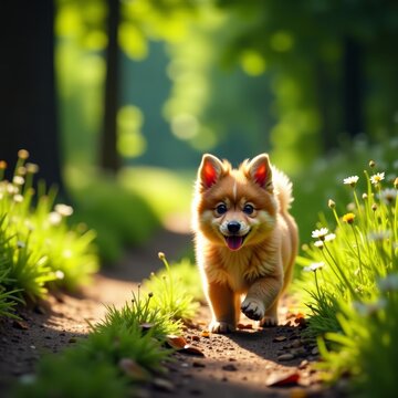 Small fluffy chiot exploring a rustic country path lined with trees, pet, puppy