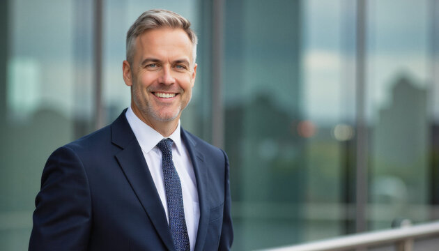 Modern portrait headshot of a friendly ceo executive business worker: A confident, middle-aged man in a dark suit smiles warmly at the camera while standing in front of a modern glass building.