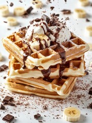 Stack of Delicious Waffles Topped with Vanilla Ice Cream Chocolate Syrup and Banana Slices on White Surface