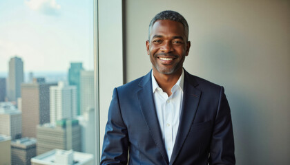 Fototapeta premium Modern portrait headshot of a friendly ceo executive business worker: A smiling, middle-aged Black man in a suit confidently poses indoors with a city skyline visible through a large window behind h