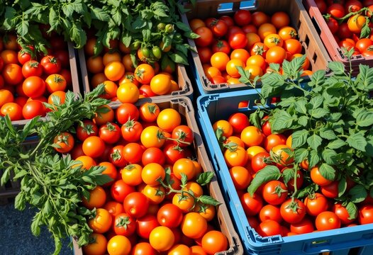 Sun-drenched crates overflow with vibrant red and yellow tomatoes, nestled beside lush green vegetables, nature, ripe