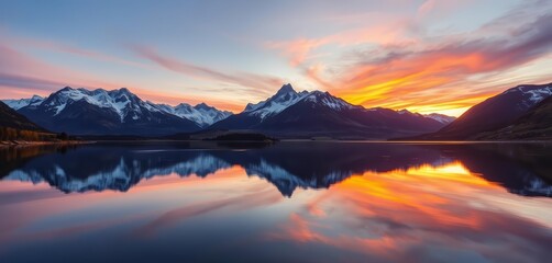 Obraz premium Sunset over Lacs de Fenêtre, La Fouly, Switzerland Majestic Alps reflected in tranquil waters, sunset, mountains