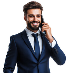 Naklejka premium A smiling man in a suit holding a telephone receiver against a black isolated studio background