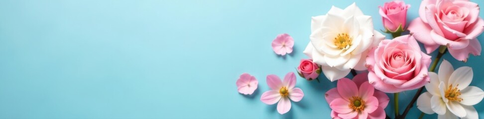 Pastel blue background, delicate rose blossoms arranged in a photo frame Spring floral composition , romantic, gentle, pastel blue