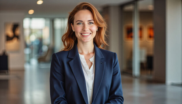 Modern portrait headshot of a friendly ceo executive business worker: A smiling, professional businesswoman with red hair stands confidently in a modern office lobby, radiating competence and approa