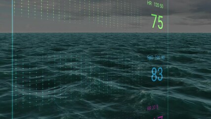 Animation of digital graphs overlaying ocean waves under cloudy sky - Powered by Adobe