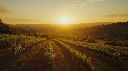 Fototapeta premium A beautiful vineyard landscape at golden hour during a sunset