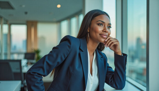 Modern portrait headshot of a friendly ceo executive business worker: A confident Black businesswoman gazes out of a large office window, thoughtfully contemplating her next move while wearing a nav