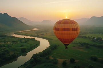 Hot Air Balloon Floating Over a River at Sunset in a Serene Landscape