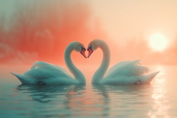 Fototapeta premium Two Elegant Swans Interact in a Serene Icy Landscape During Sunset Hour