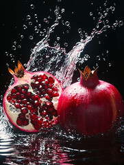 Whole and Halved Pomegranates Splashing in Water on Black Studio Background