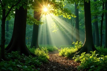 Sunbeams pierce dense foliage, creating dappled light on forest floor , floor, serene