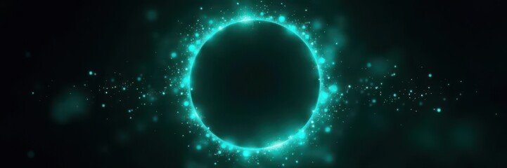 Teal abstract circle, glowing sparkle frame on black , green, design, magic
