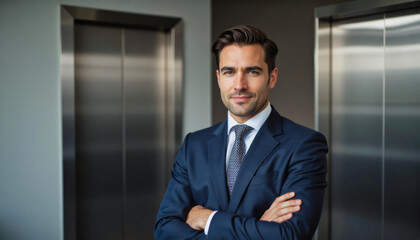 Fototapeta premium Modern portrait headshot of a friendly ceo executive business worker: A confident businessman in a navy suit stands with his arms crossed, looking directly at the camera within a modern elevator.